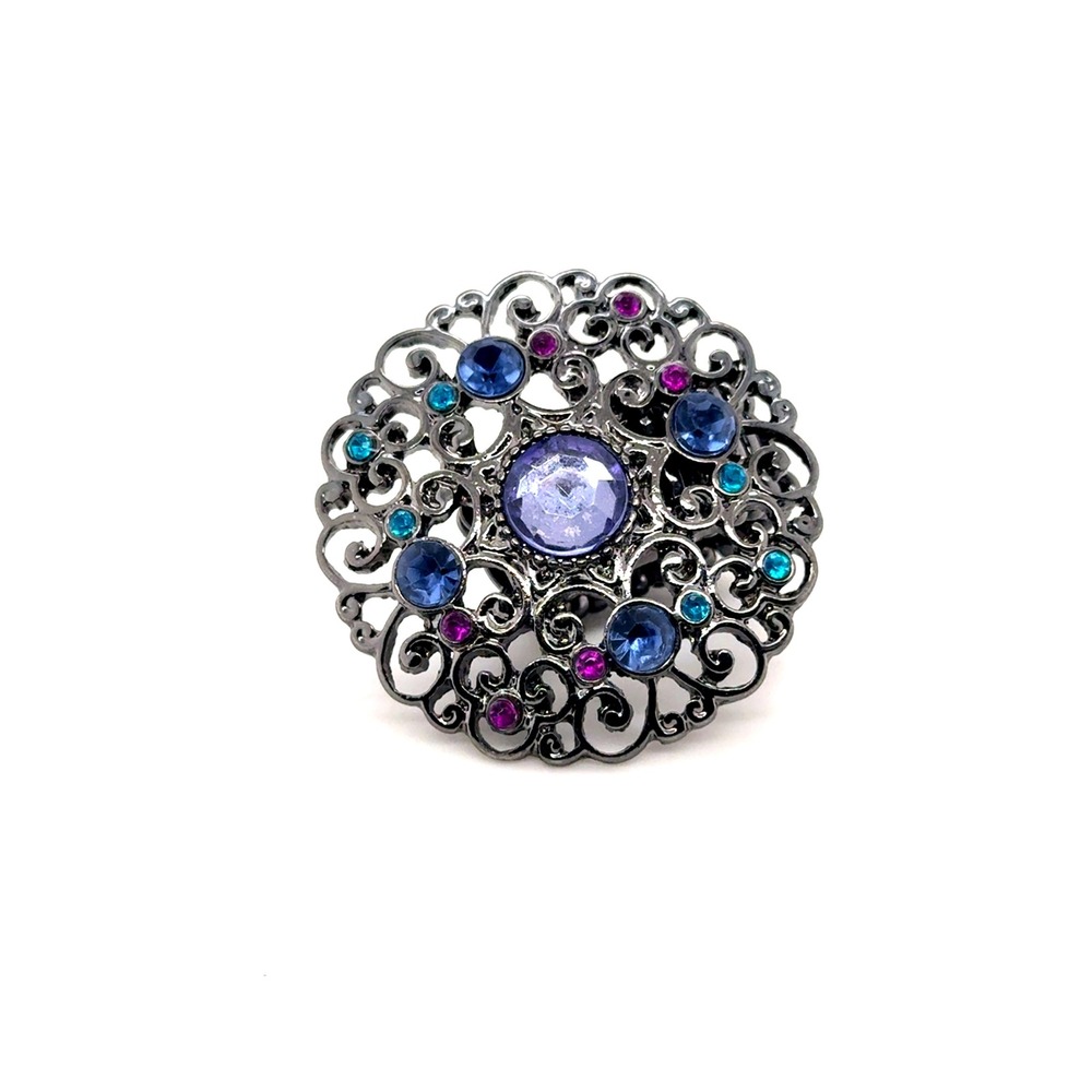 Paparazzi Ornate Gunmetal Blue Purple Rhinestone Filigree Stretch Band Ring